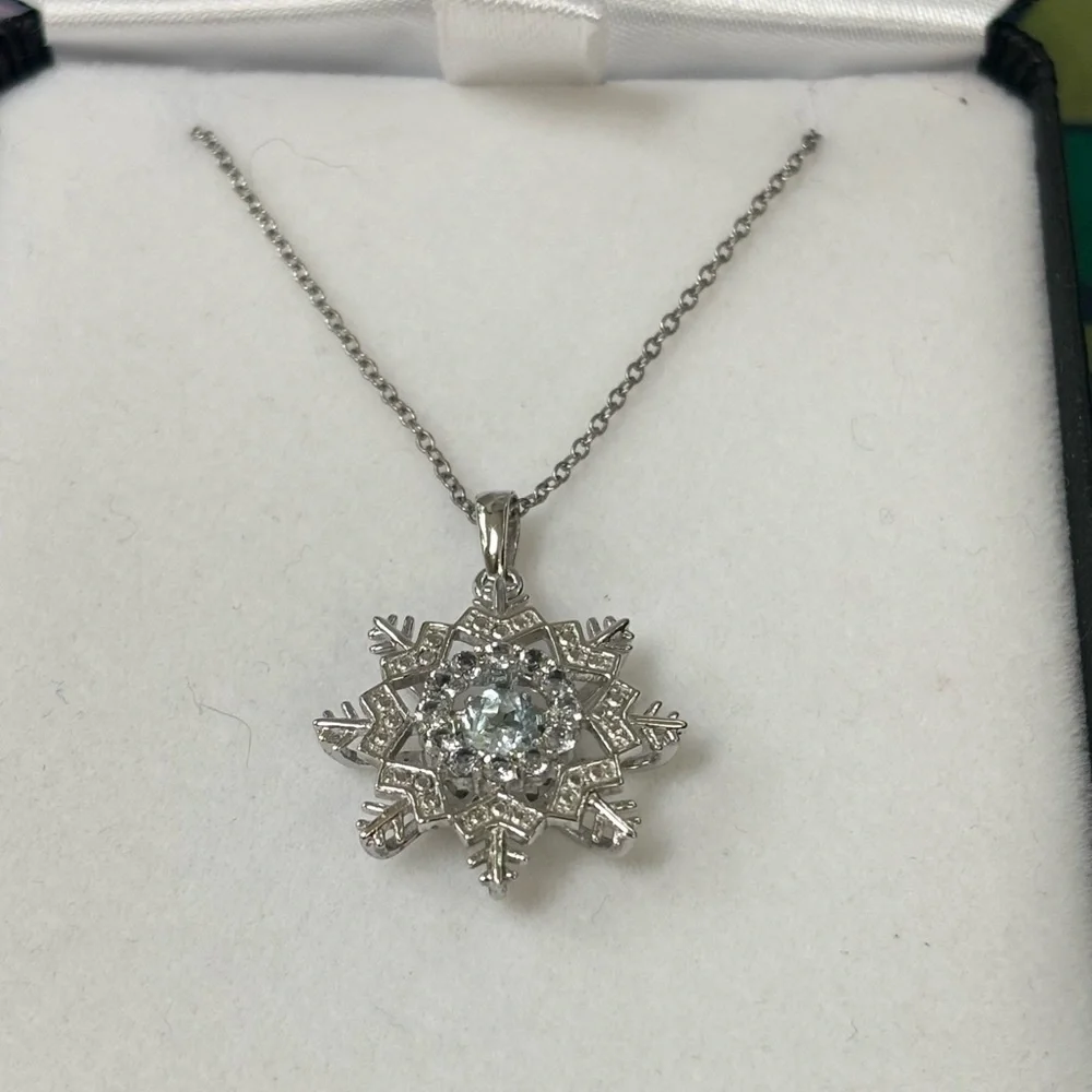 Belk & Co. Sterling Silver and Aquamarine Snowflake Necklace | NEW in box - Picture 3 of 8